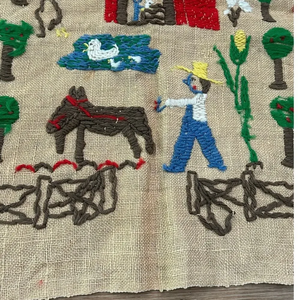 Vintage 1950s Handmade Primitive Farm Folk Art Embroidered Burlap Wall Hanging -